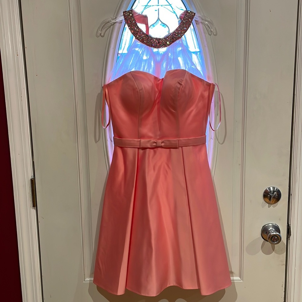 May Queen coral satin dress